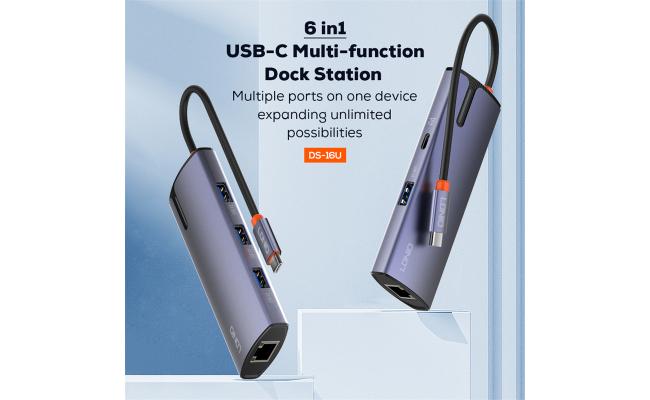 LDNIO DS-16U Type-c Docking Station 6 in 1 To USB PD Power USB3.1 Multi-port USB C Hub RJ45 Mac Book Pc USB Hub - Gray